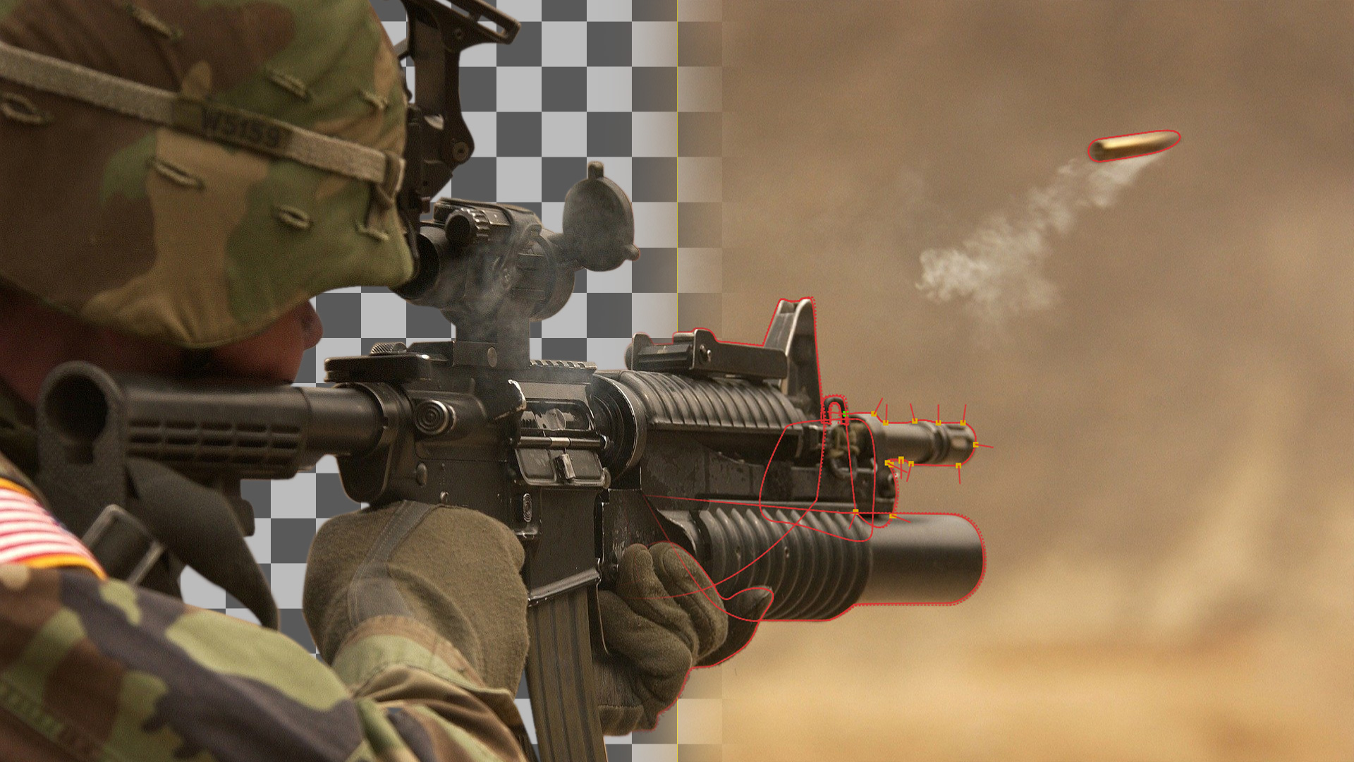 A soldier firing a rifle, in half the image the soldier has been isolated from the background.