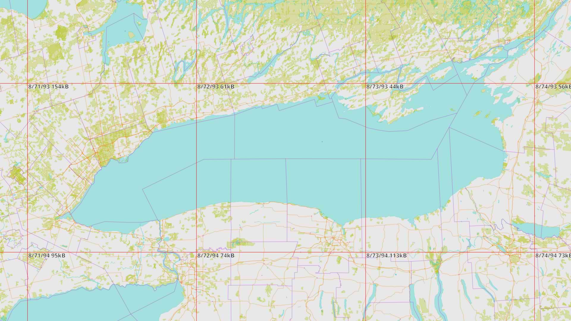 Screenshot of Protomaps' debug view looking at Lake Ontario. The size of each tile, both physically and in megabytes is shown.