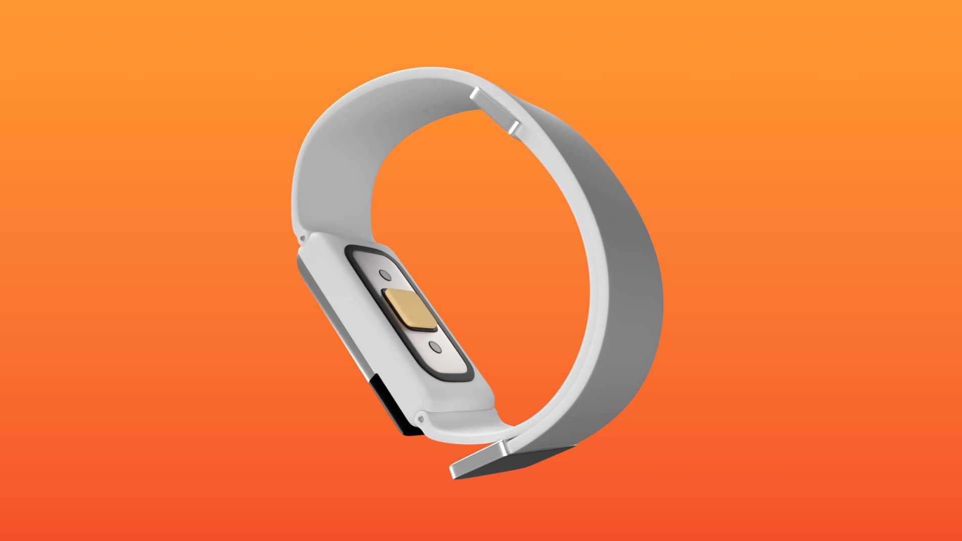 3D render of a magnetic watch band attached to a wearable device with a pad on the back where the device meets the wrist