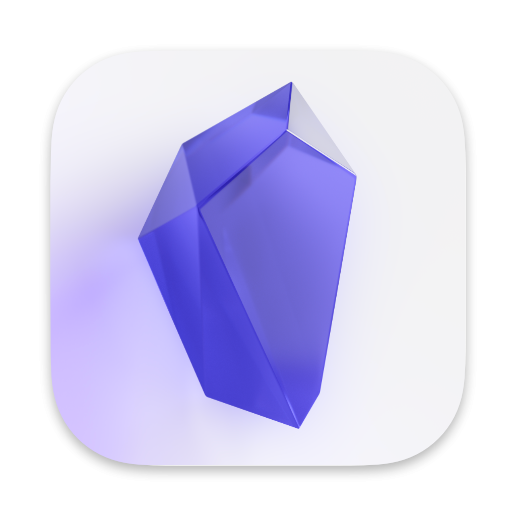 Obsidian's crystal logo but with a realistic 3D material. Light pours through the crystal casting a caustic reflection on the background.