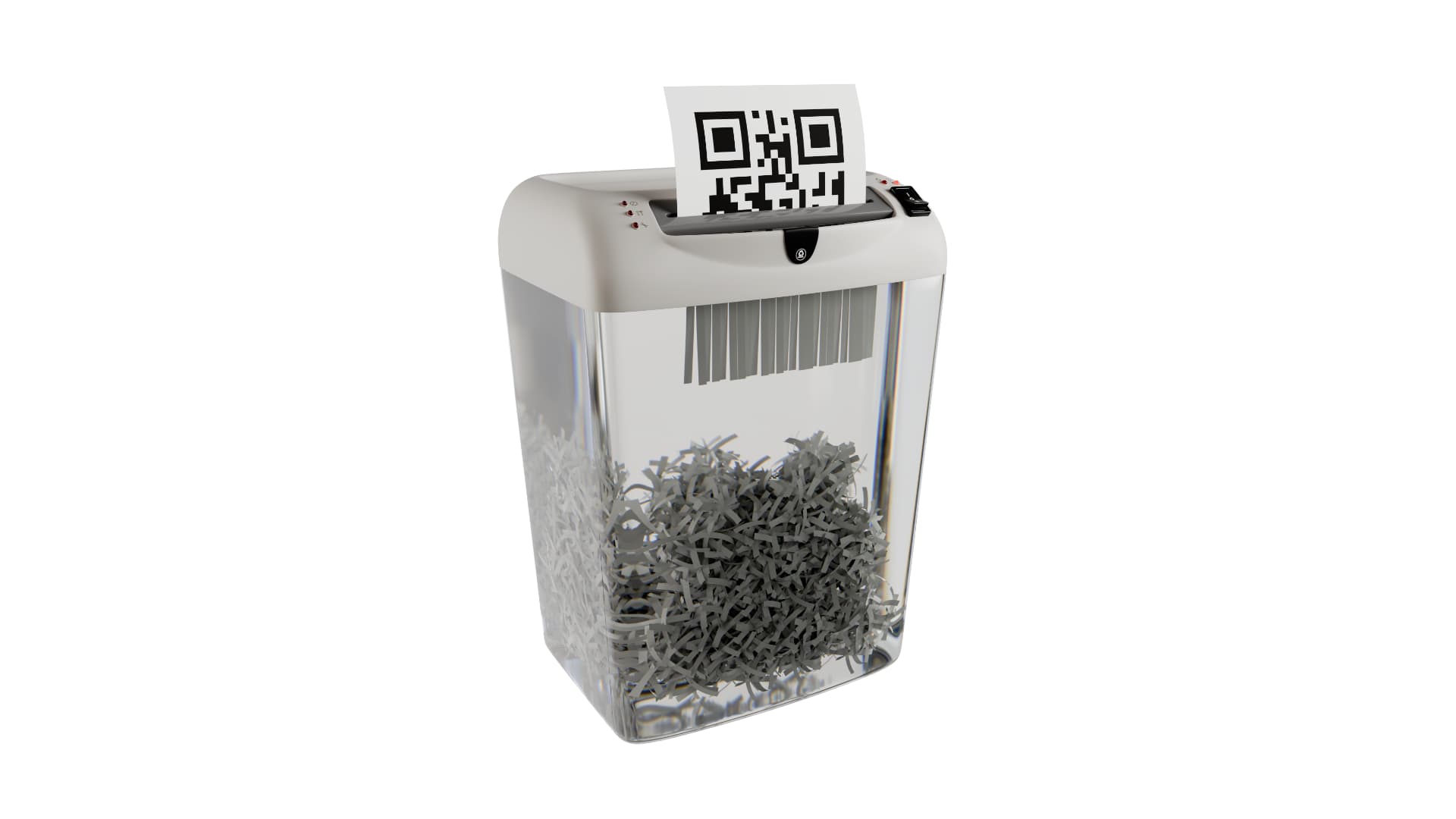 A paper shredder in the process of shredding a QR code.
