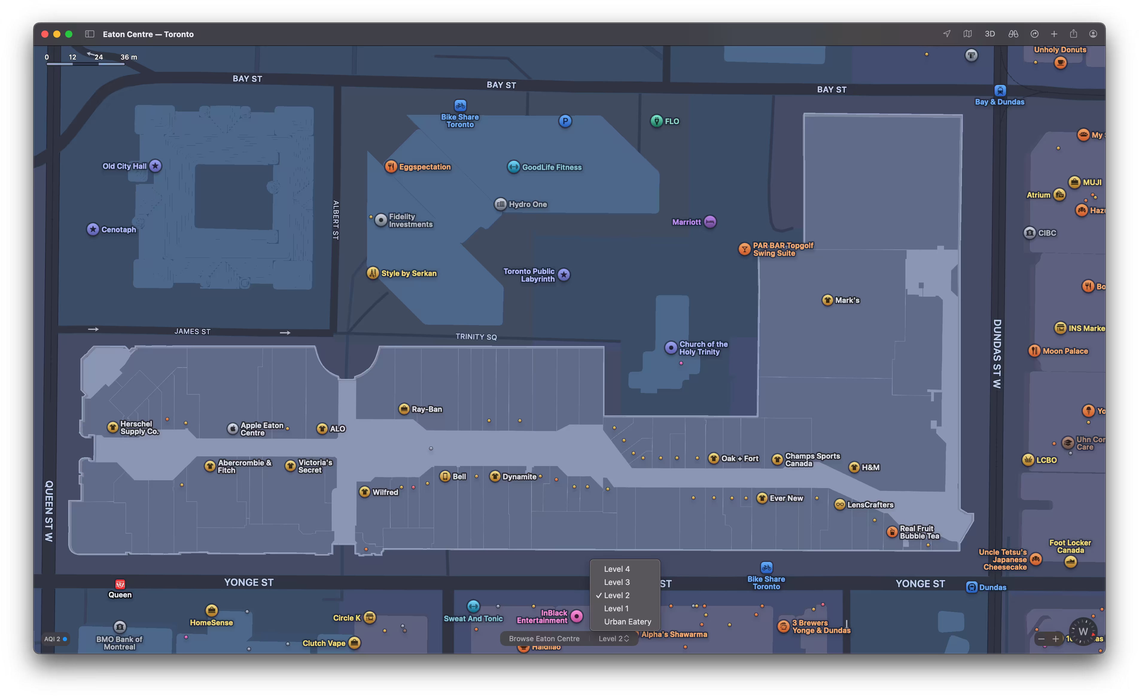 Screenshot of the eaton Centre in Apple Maps showing the inside of the shopping mall with store names and corridors.