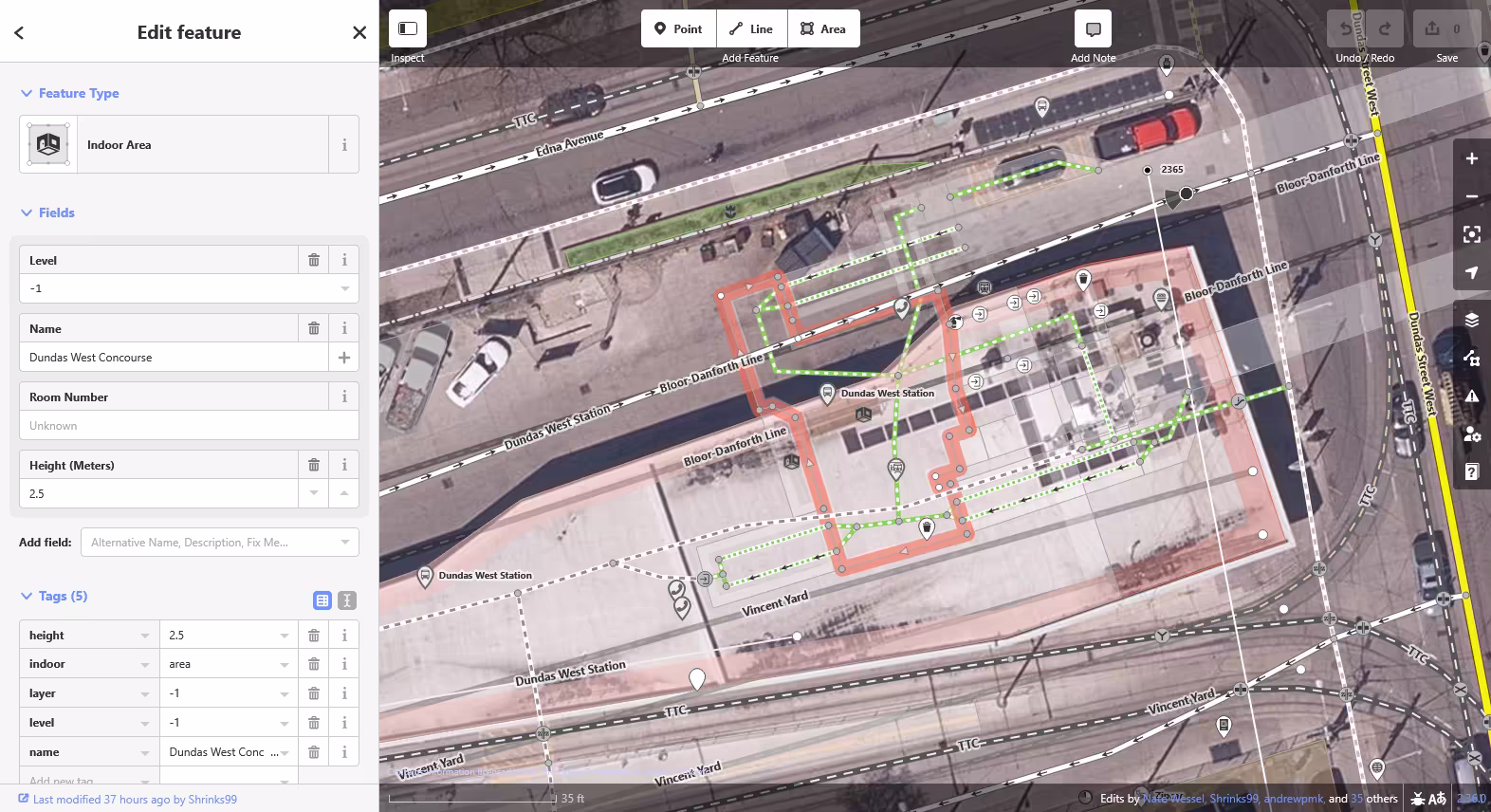 Screenshot of the iD editor showing additional shapes of corridors and routing lines overlaid atop satellite imagery of the station.