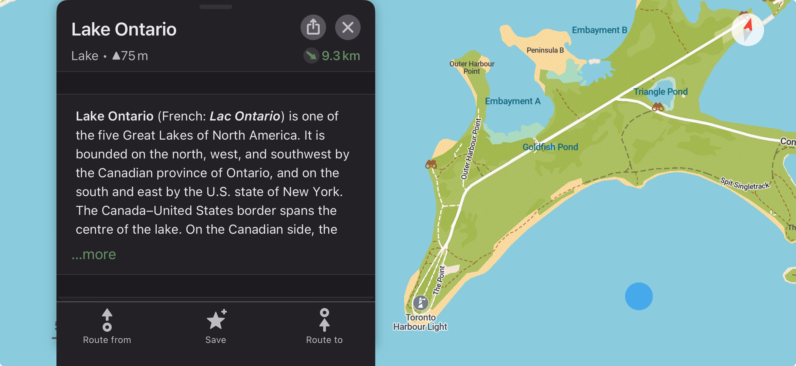 Screenshot of CoMaps viewing the area around Tommy Thompson Park in Toronto. A blue selection dot is focused on Lake Ontario and the info panel is open, displaying information about the lake from Wikipedia.