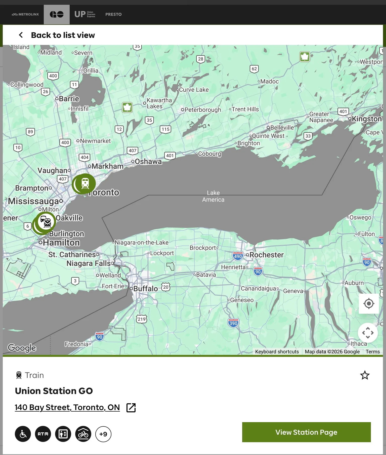 Screenshot of a Google Maps embed on Metrolinx' website .