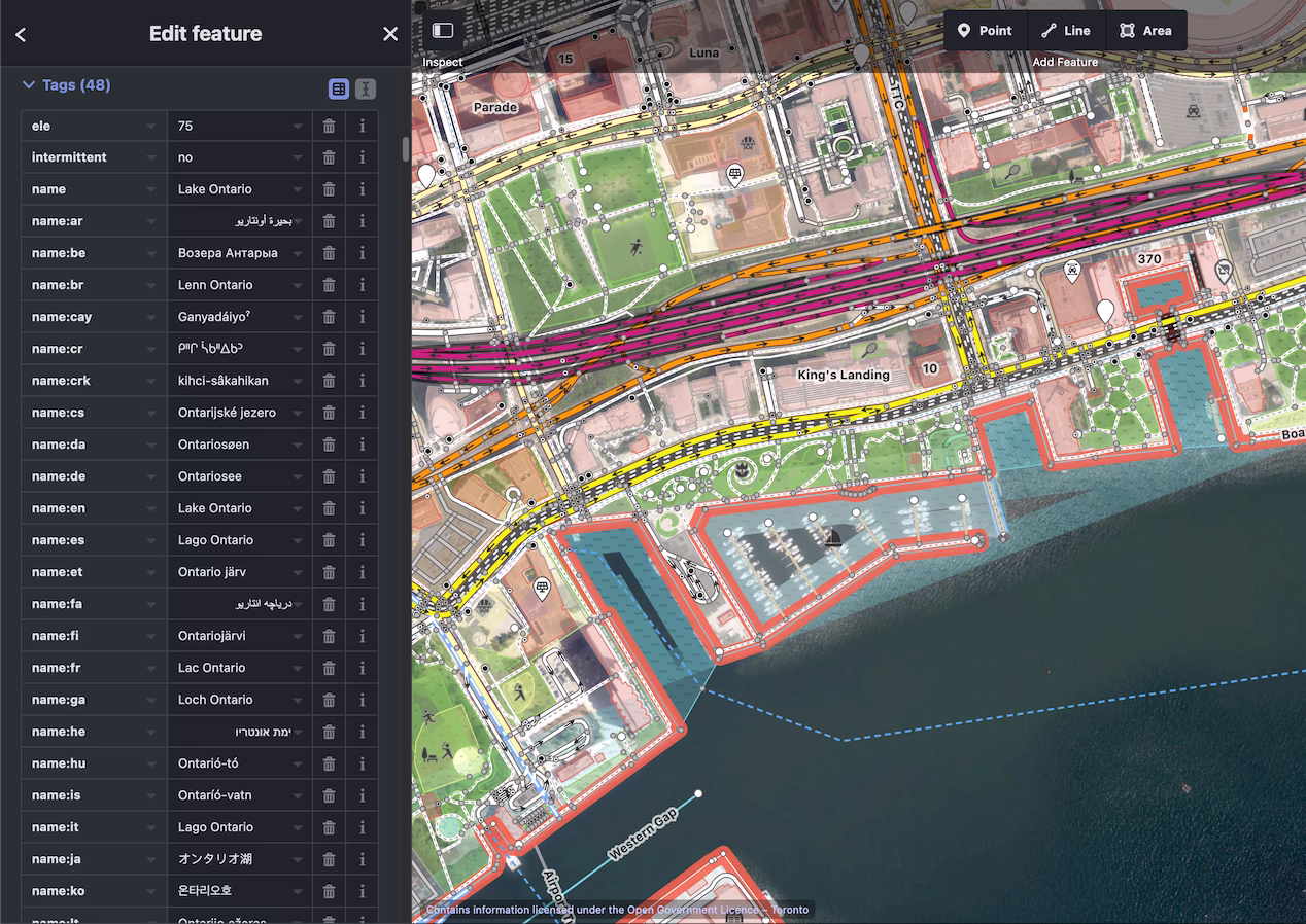 Screenshot OpenStreetMap's ID editor displaying the many different tags applied to Lake Ontario