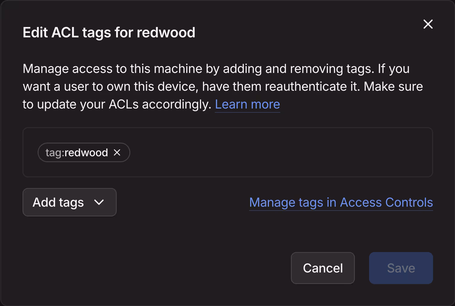 Tailscale's ACL tag editing modal with one tag created.