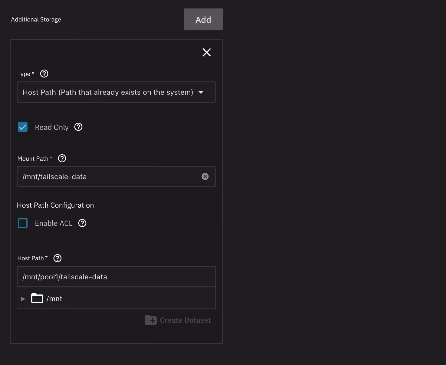 TrueNAS' app extra storage ui with the settings mentioned below. "Read Only" is enabled and "Enable ACL" is disabled.