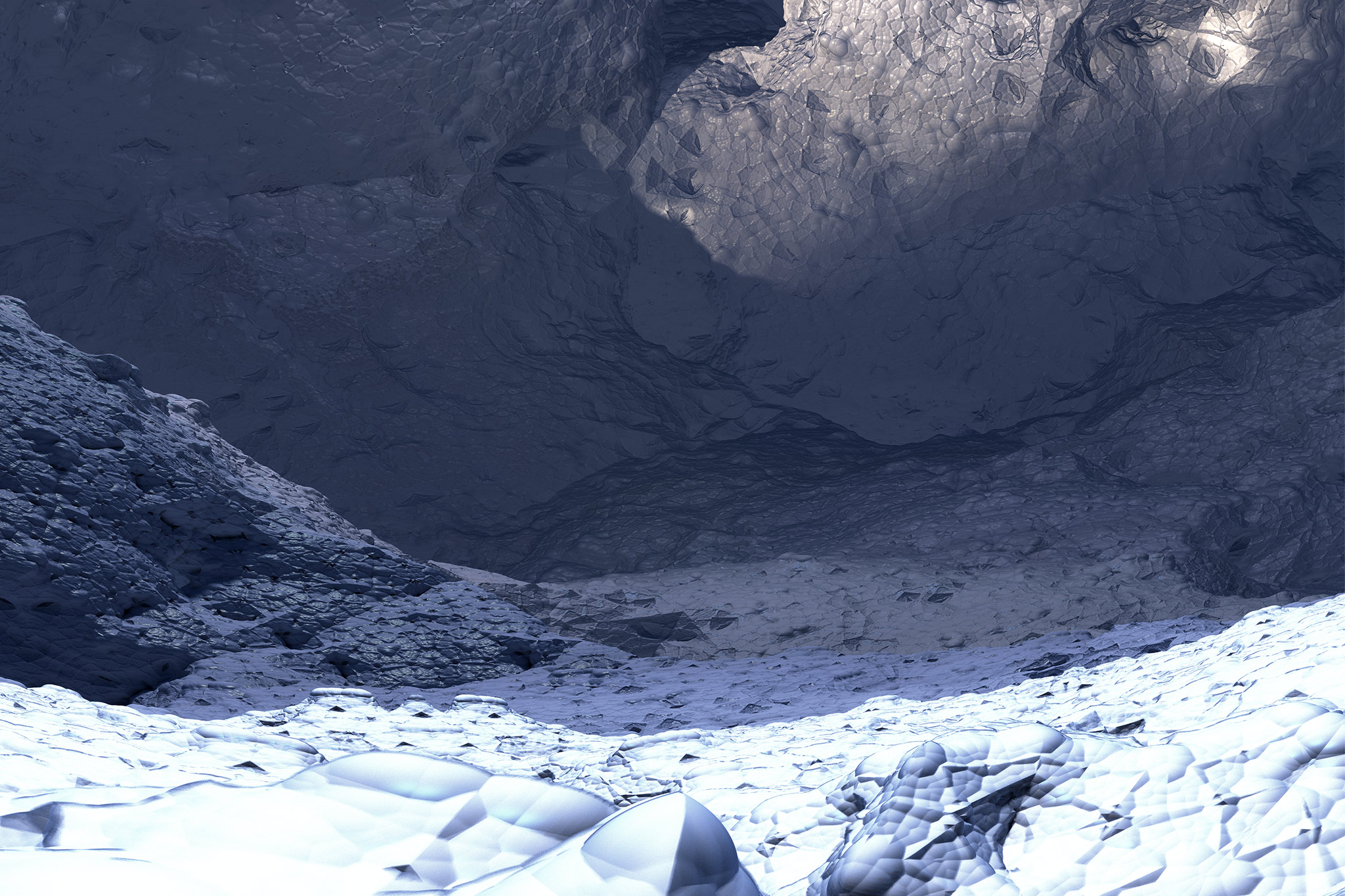 A cave with snow in the foreground composed of sphereical geometry