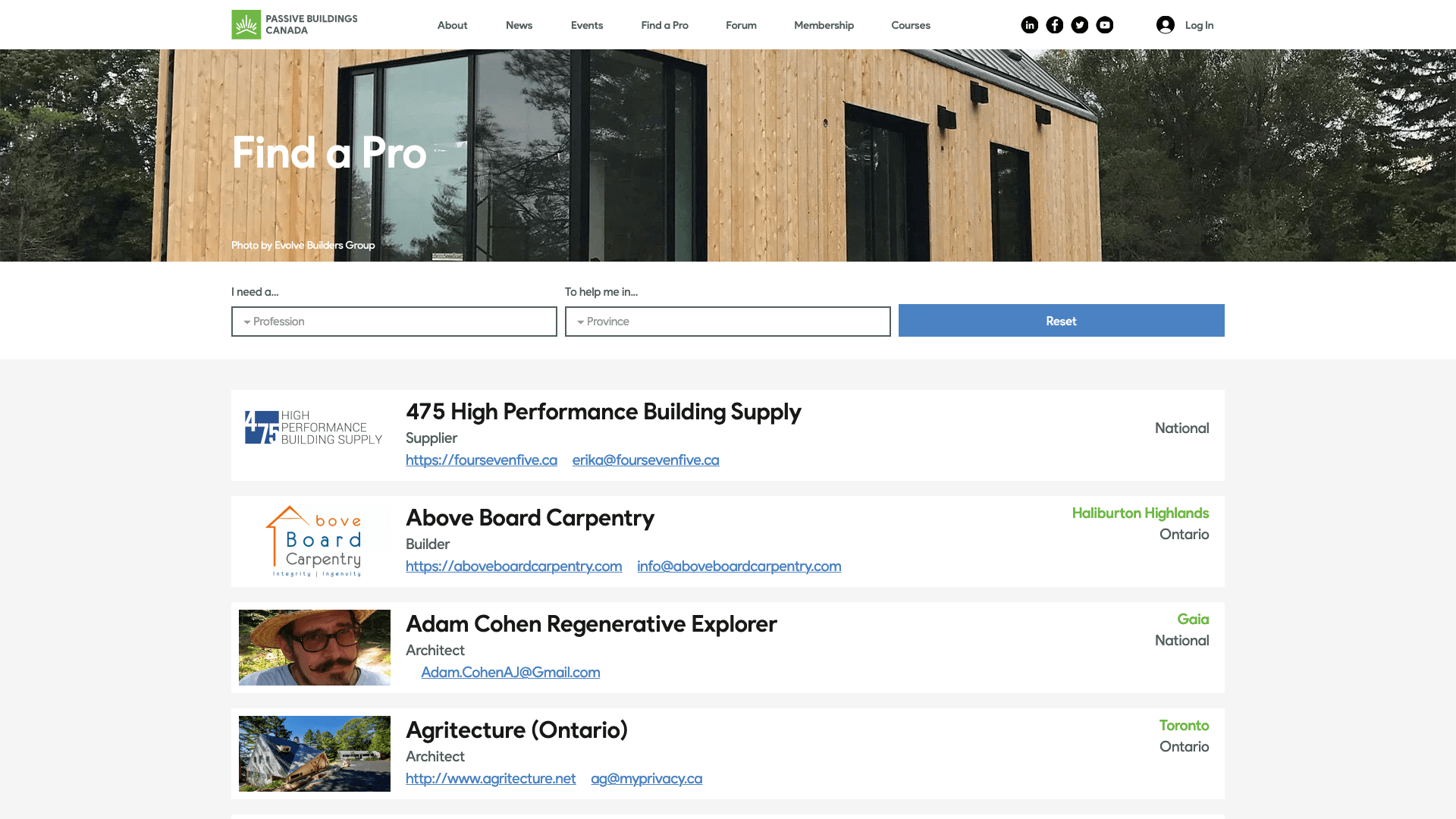 The "Find A Pro" page with a sortable list of building supply companies