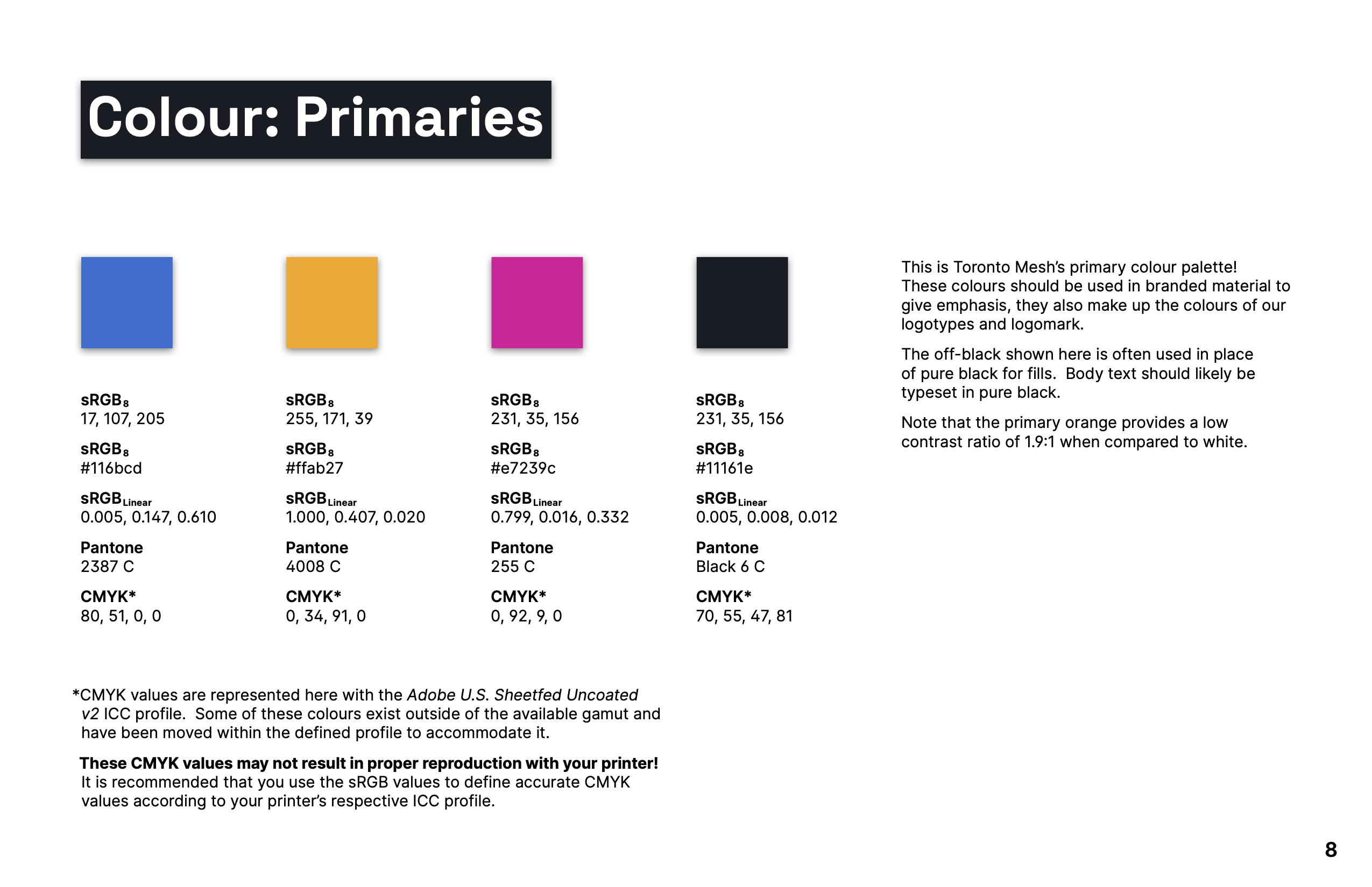 Colour values brand guidelines page