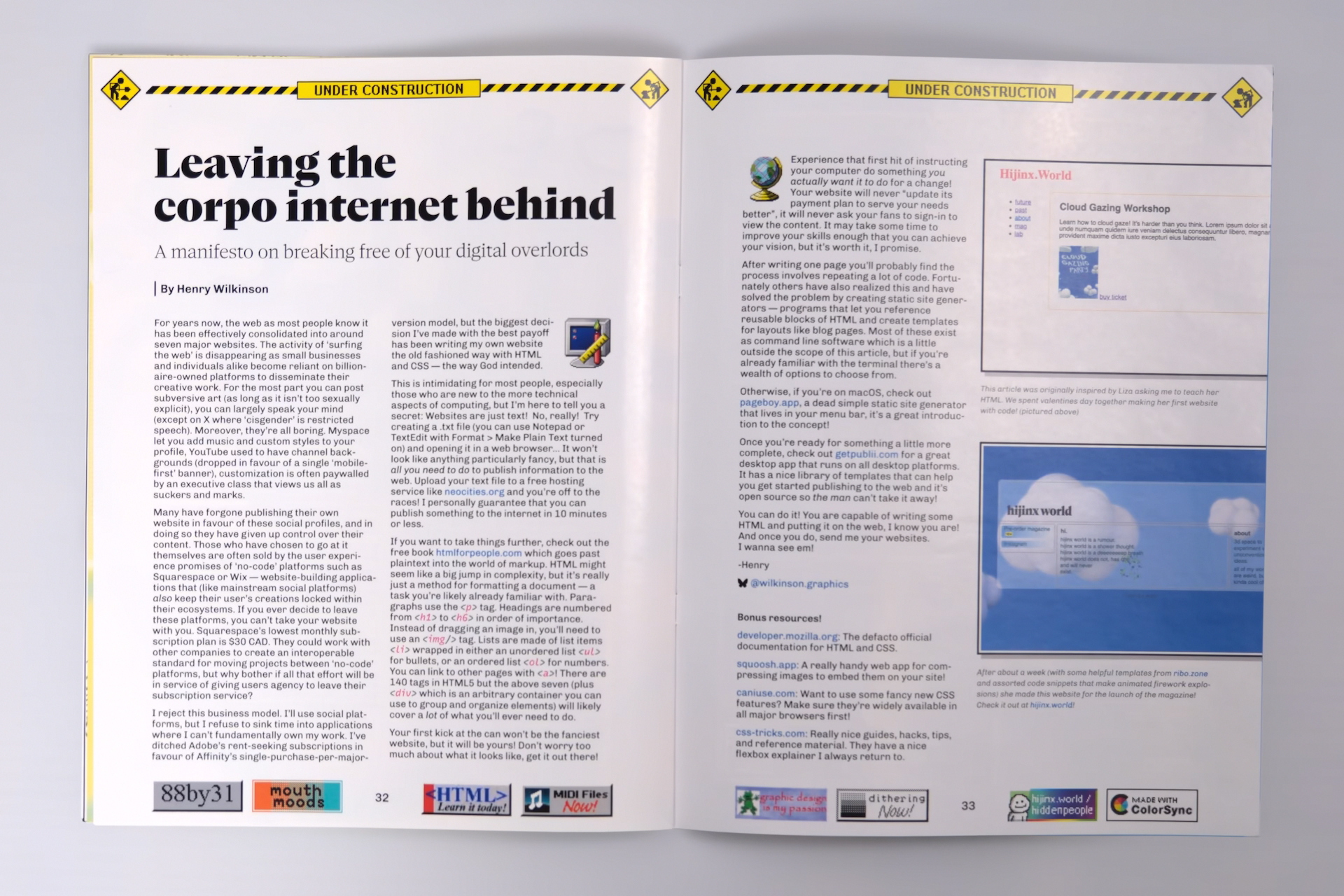 Magazine spread of an article titled: 'Leaving the corpo internet behind' with retro pixel art graphics.
