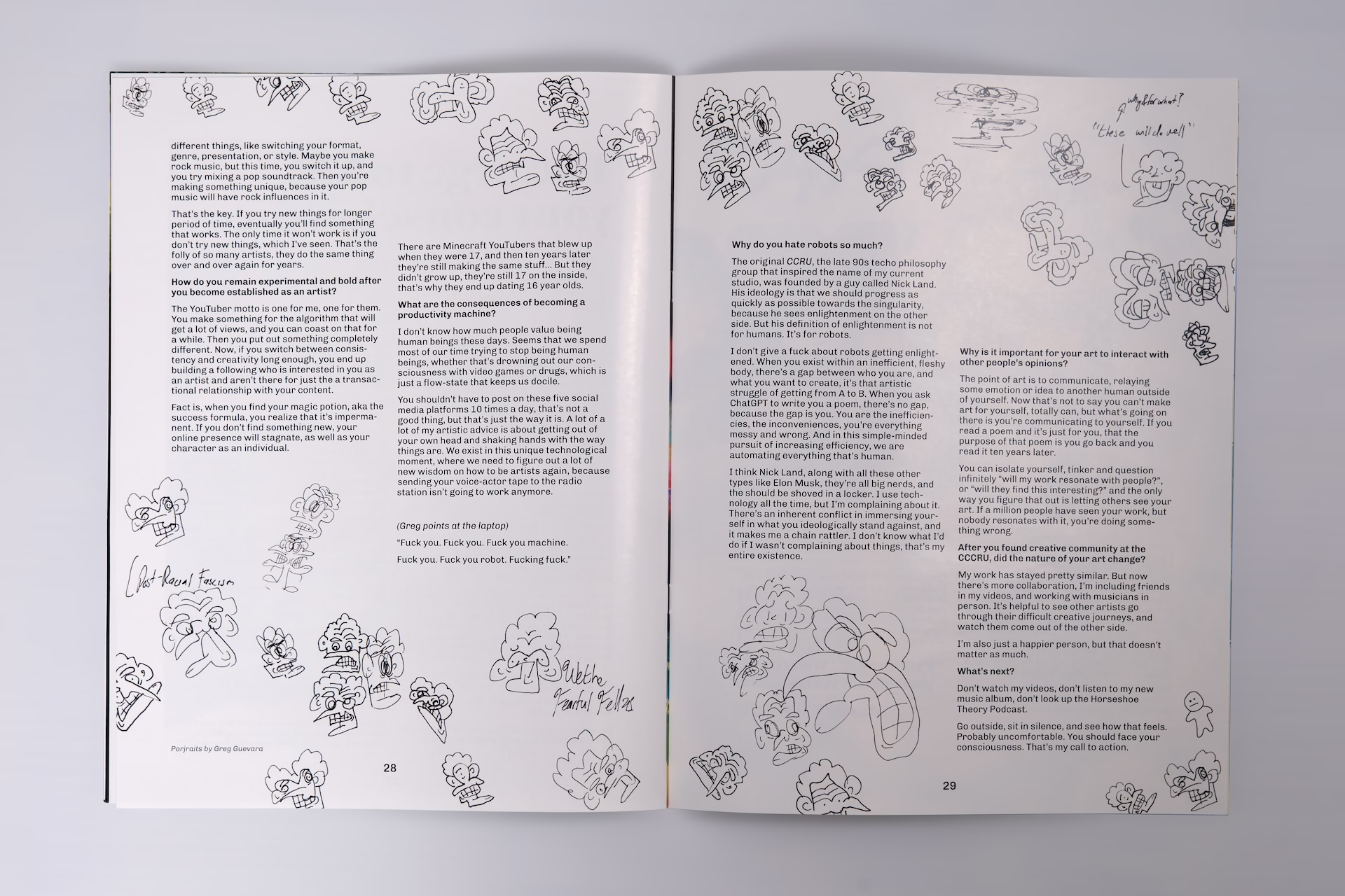 Cartoon line drawings of wacky crazy faces litter the margins of this magazine spread with cascading blocks of text in the centre of the pages.