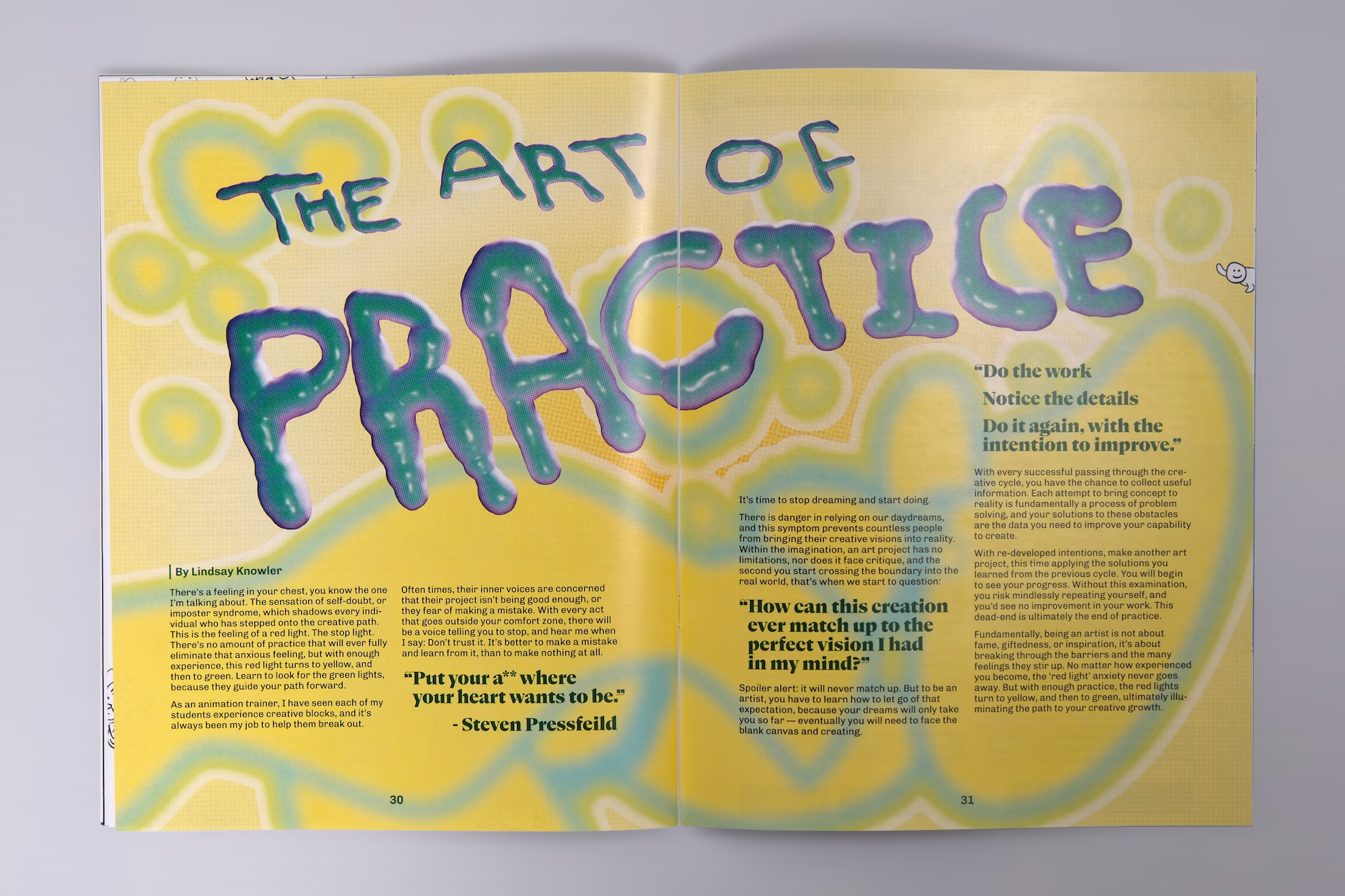 Magazine spread of an article titled: 'The art of practice' with the title set in big blobby 3D letters.