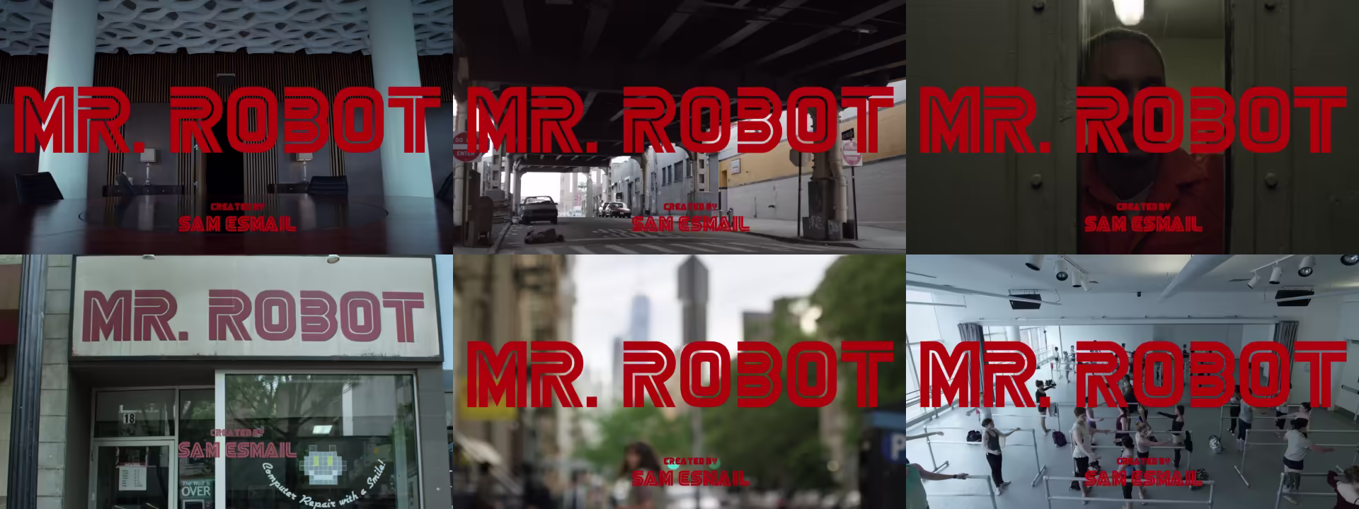 Six title cards that all read: Mr. Robot, Created by Sam Esmail