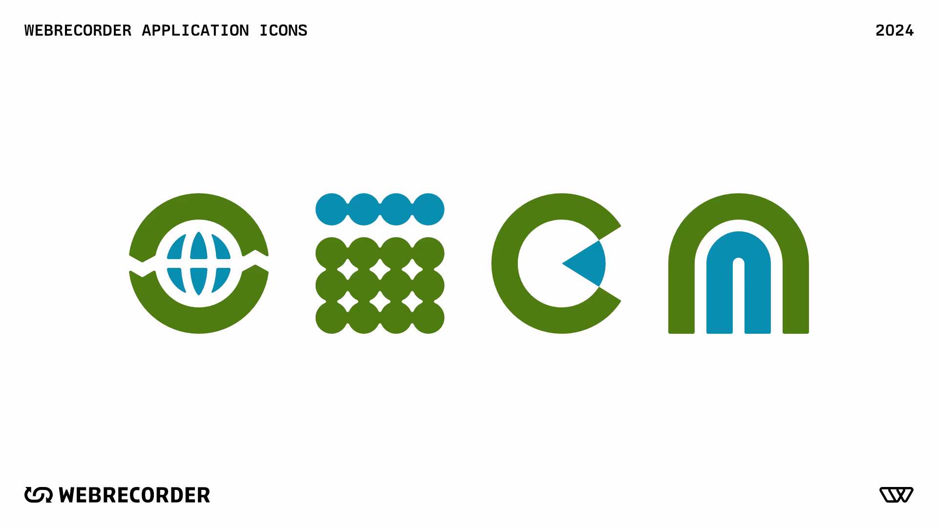 Webrecorder's four application logos. ReplayWebpage: Replay arrows surrounding a globe, Browsertrix: A grid of merged together dots with the top row disconnected from the rest, Browsertrix Crawler: An eye inside a C, and ArchiveWeb.page: Two thick lines forming an arch that looks like an A.