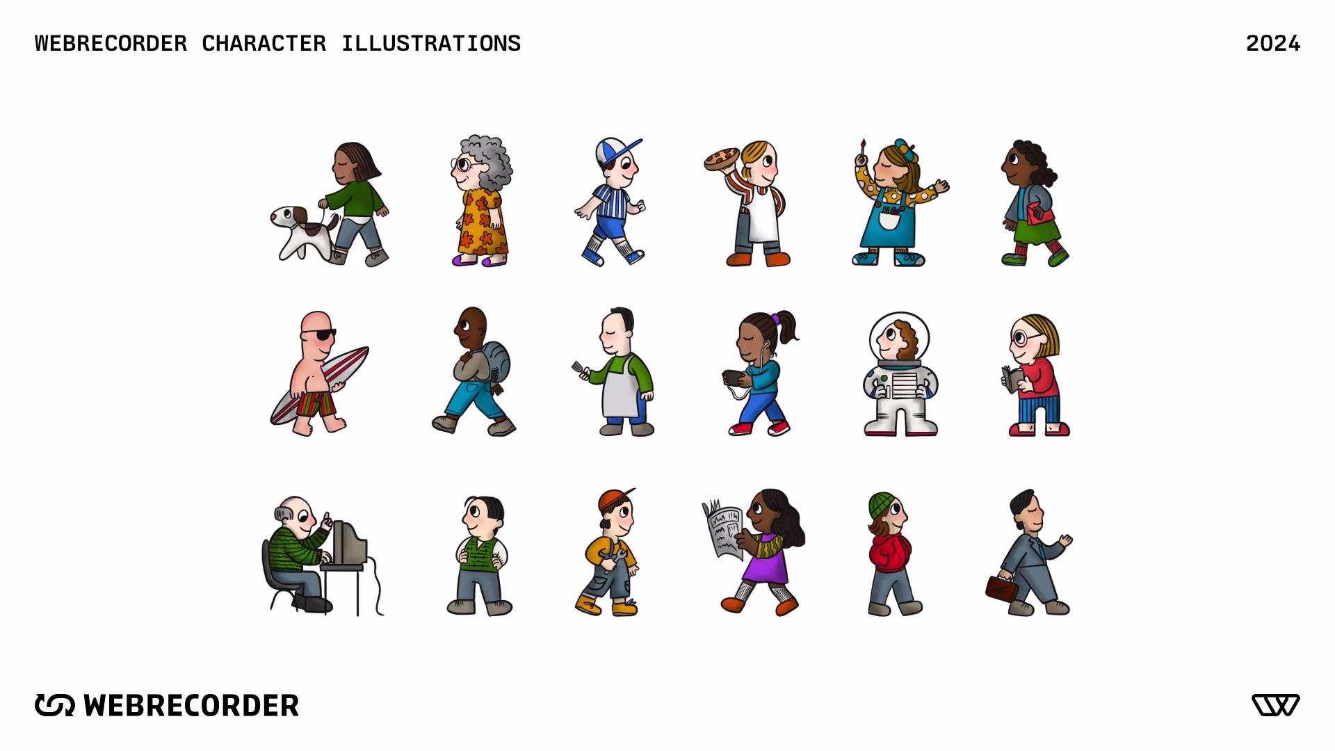 A grid of 18 different 2D cartoon characters, all with different skintones, outfits, and professions