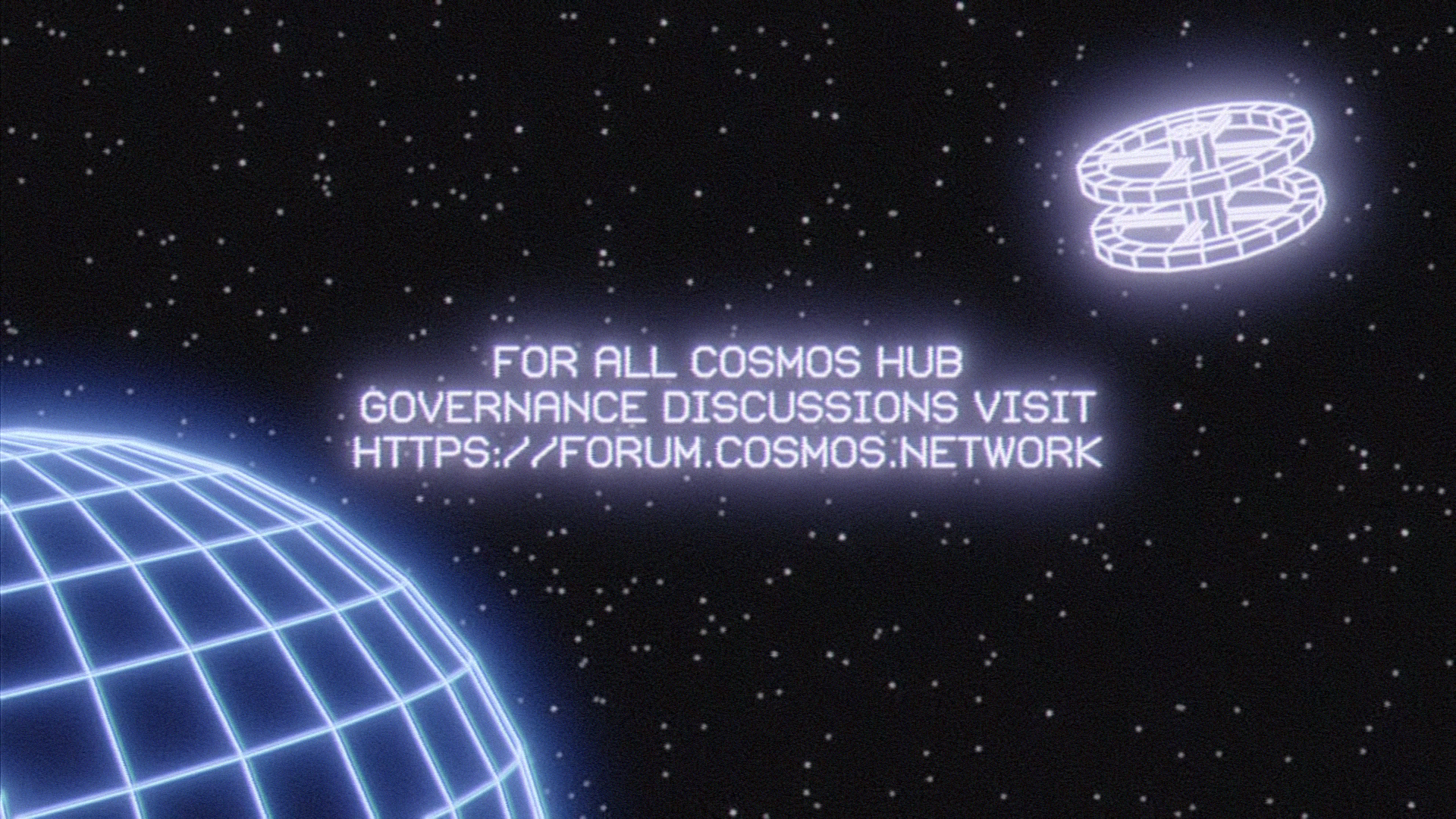 A planet and the space station from "2001: A Space Odyssey" rendered in a 1980s CG line art style