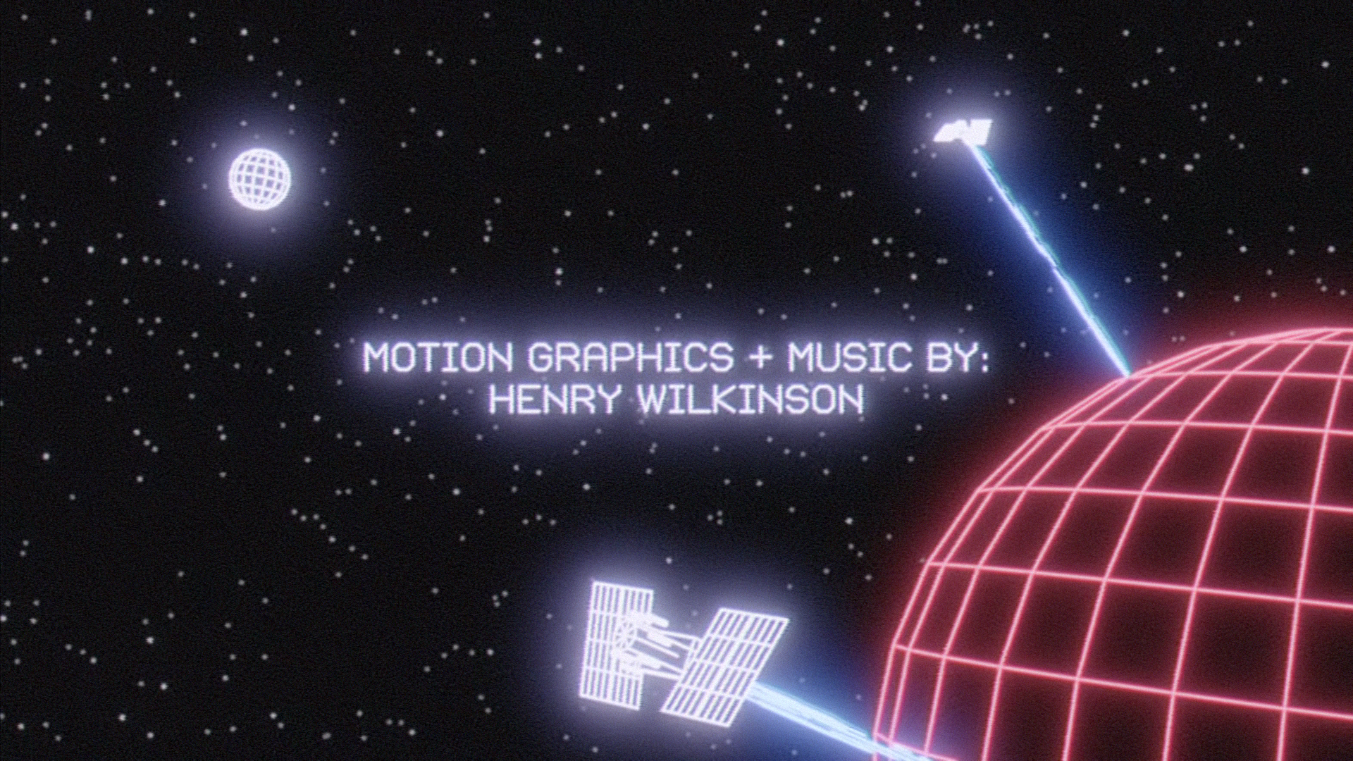A planet being terraformed with lasers rendered in a 1980s CG line art style